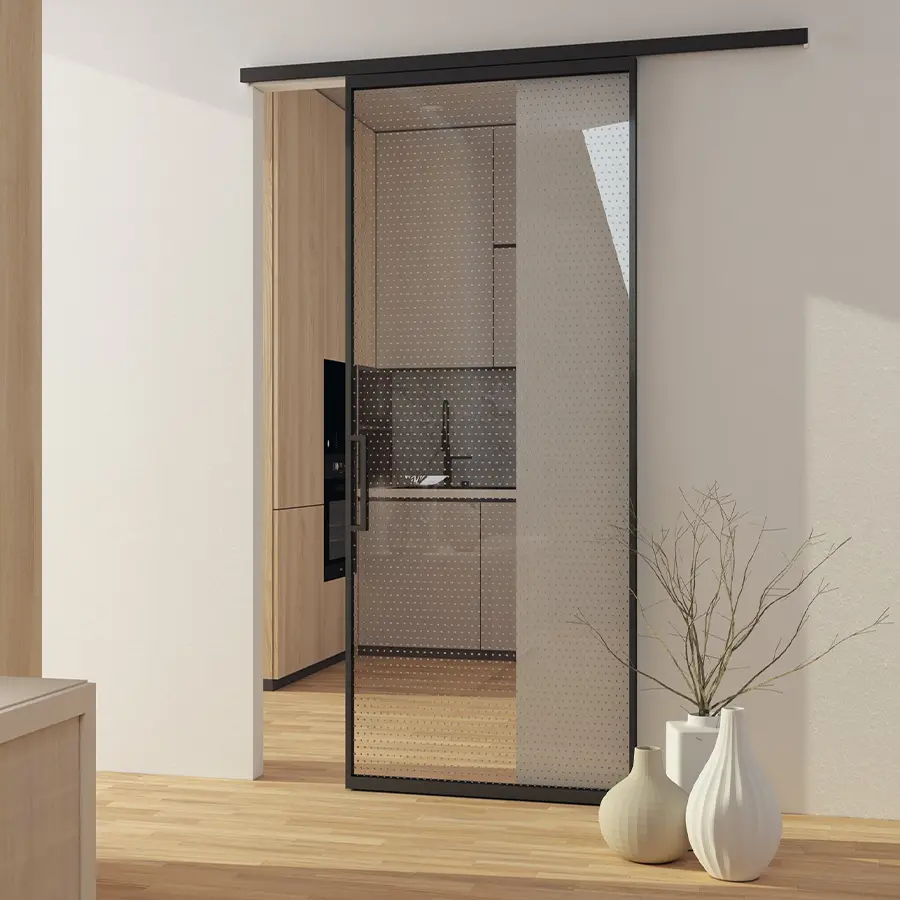 Porta interna in vetro scorrevole con decoro serigrafato